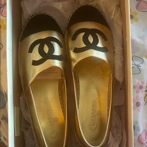 CHANEL Gold and Black Espadrilles